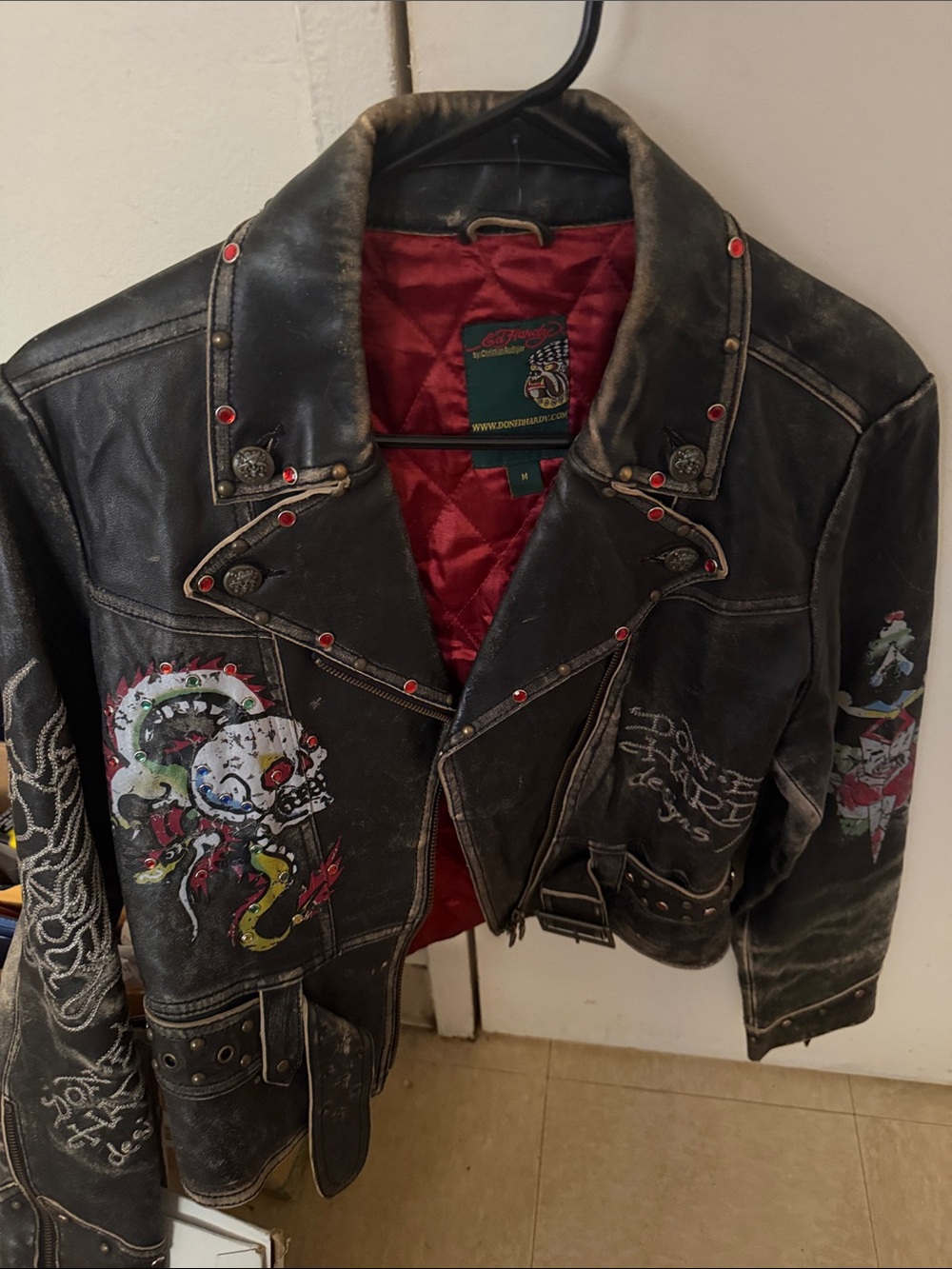 Ed Hardy Black Leather Bomber Jacket with Red Lining and Graphic Art